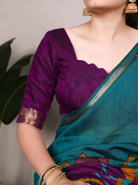 Teal Color Tradition Floral Printed With Zari Weaving Work Viscose Chanderi Saree