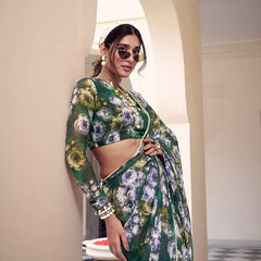 Green Color Floral Printed With Peral Lace Border Weightless Marbal Saree