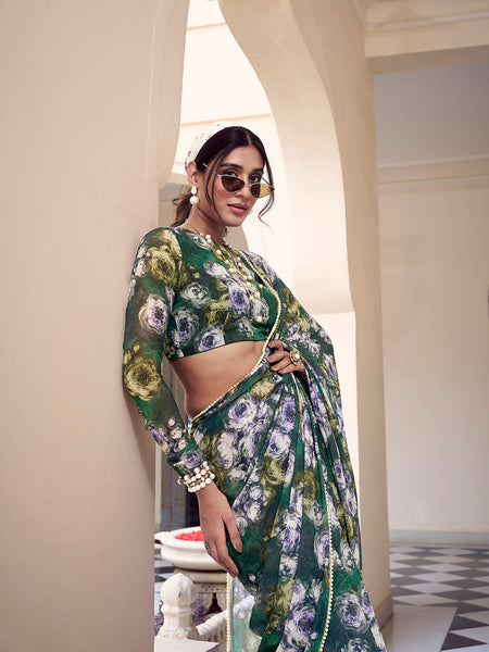 Green Color Floral Printed With Peral Lace Border Weightless Marbal Saree