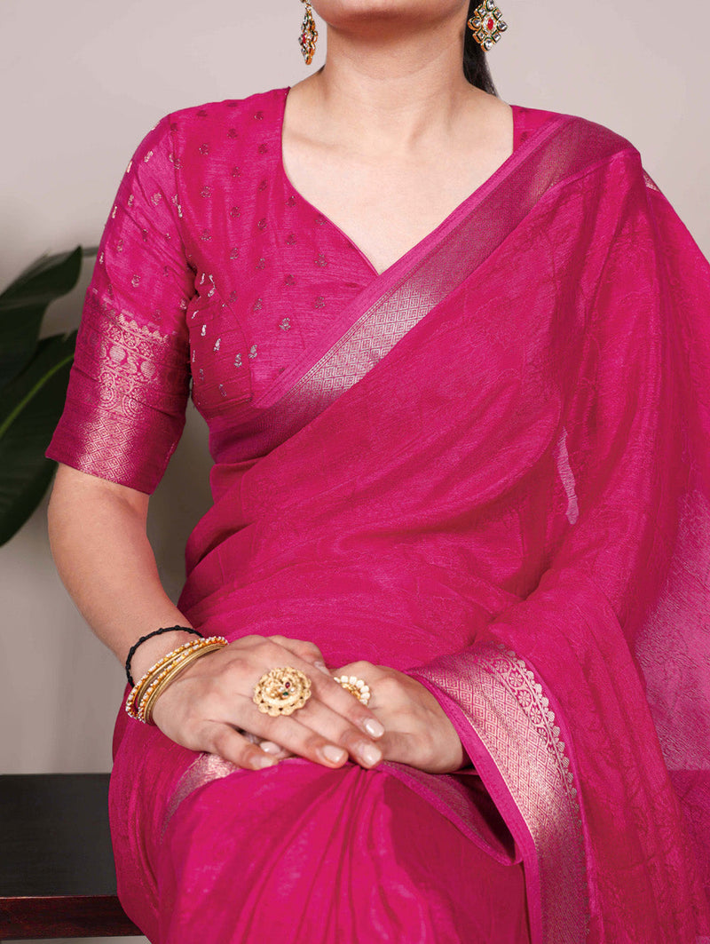 Pink Color Self Printed With Zari Weaving Work Chinon Saree