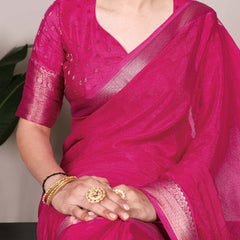 Pink Color Self Printed With Zari Weaving Work Chinon Saree