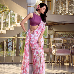 Pink Color Floral Print With Peral Lace Border Weightless Marbal Saree