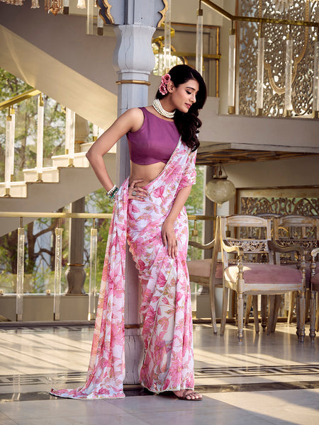 Pink Color Floral Print With Peral Lace Border Weightless Marbal Saree