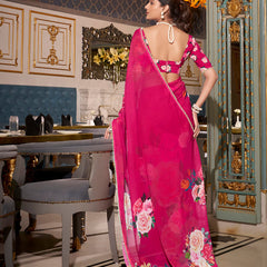 Pink Color Printed With Peral Lace Border Georgette Trending Saree