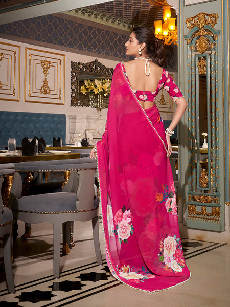 Pink Color Printed With Peral Lace Border Georgette Trending Saree