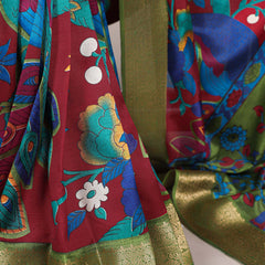Firozi Color Printed With Zari Weaving Work Tussar Silk Saree