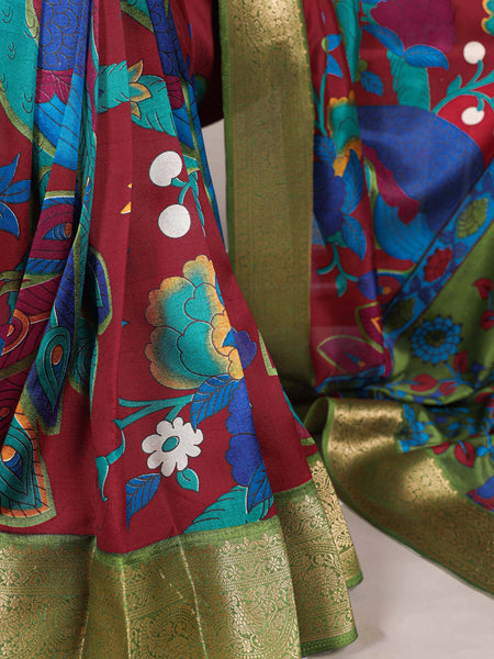 Firozi Color Printed With Zari Weaving Work Tussar Silk Saree