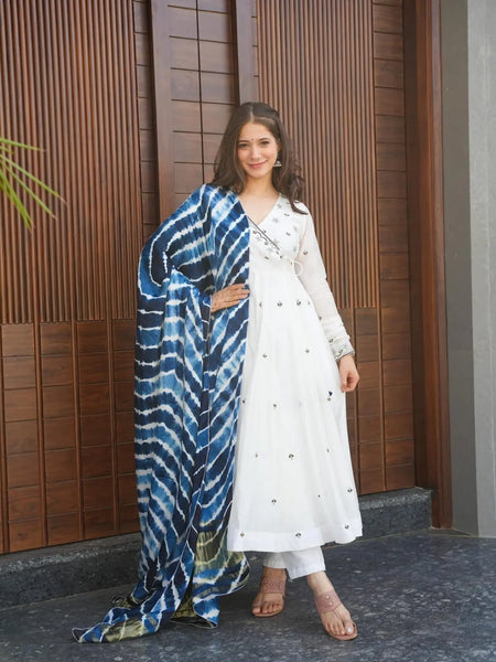 White Roman Silk New Design Premium Anarkali Suit Set .