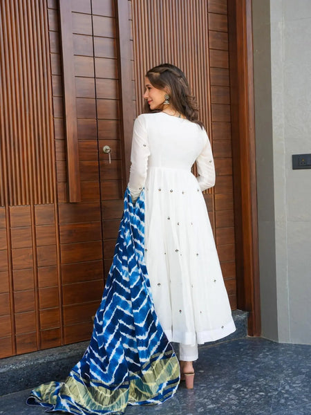 White Roman Silk New Design Premium Anarkali Suit Set .