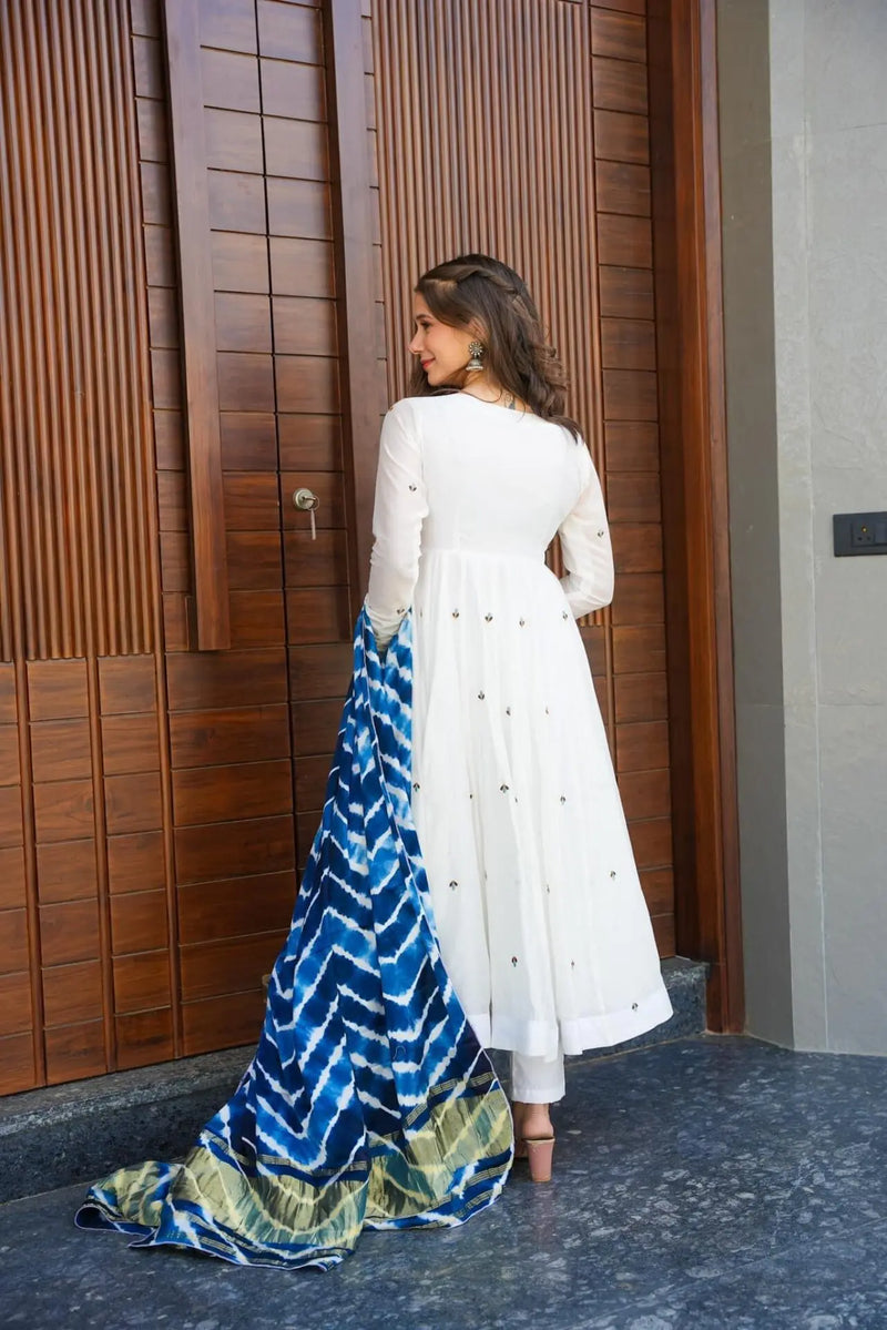 White Roman Silk New Design Premium Anarkali Suit Set .