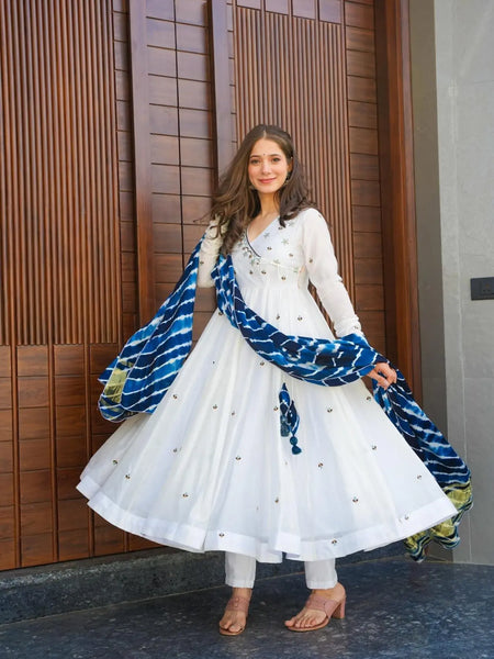 White Roman Silk New Design Premium Anarkali Suit Set .
