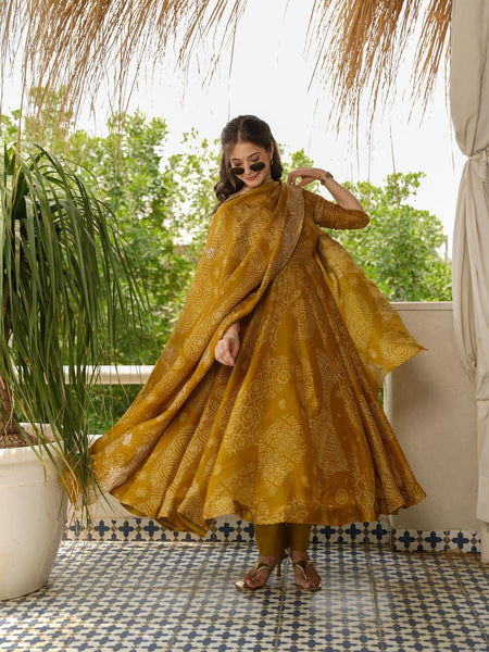 Bandhani Mehndi Colour Anarkali Suit Set