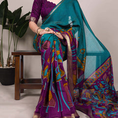 Teal Color Tradition Floral Printed With Zari Weaving Work Viscose Chanderi Saree