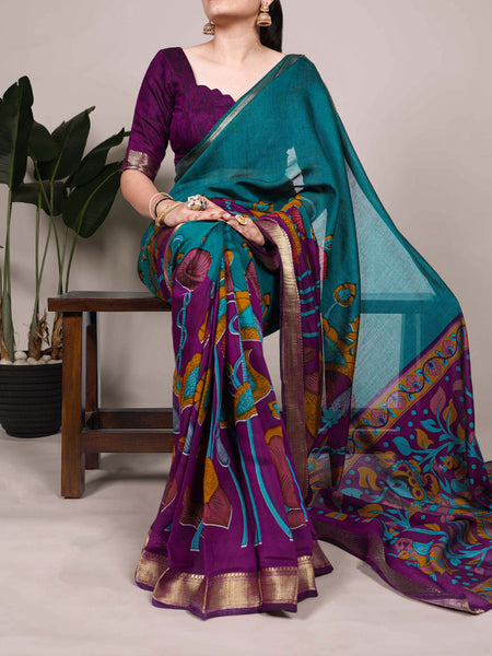 Teal Color Tradition Floral Printed With Zari Weaving Work Viscose Chanderi Saree