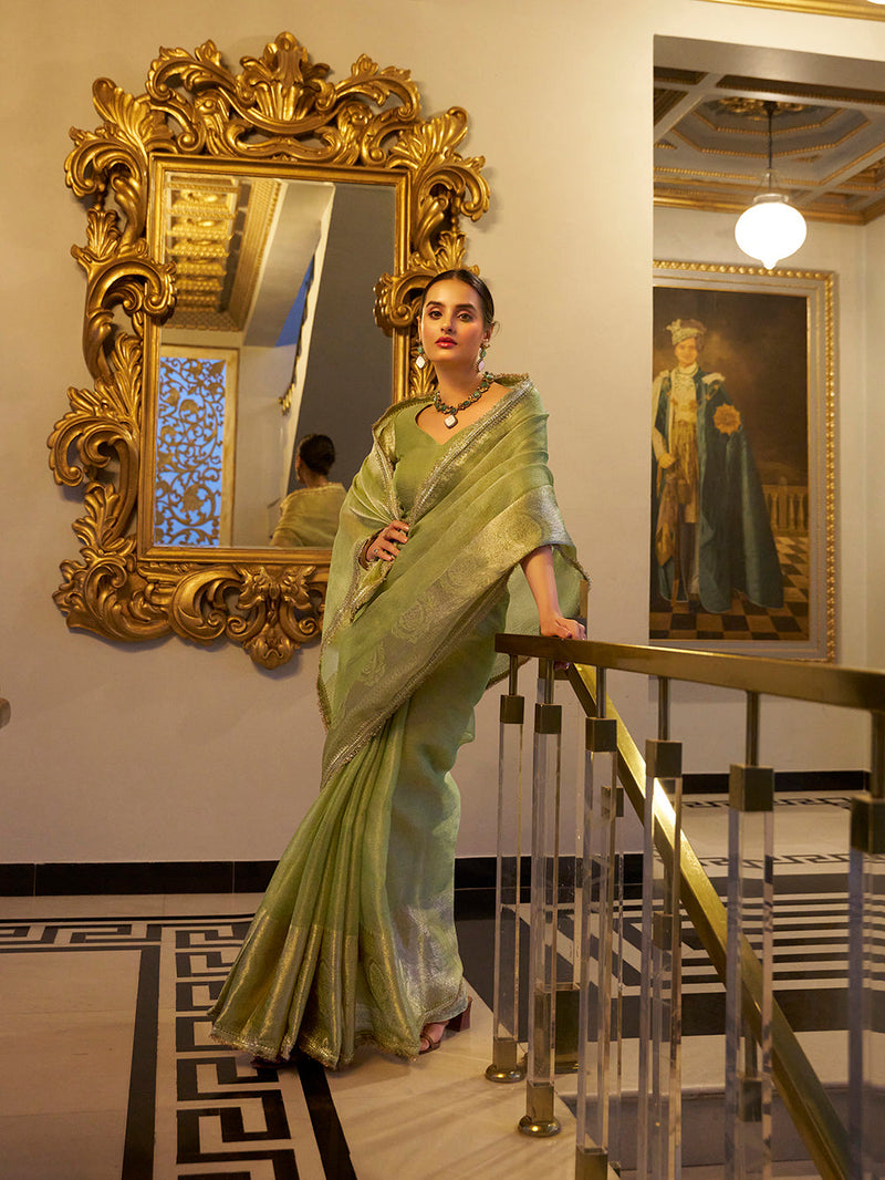 Pista Color Zari Weaving Work With Sequins Border Tissue Shimmer Saree