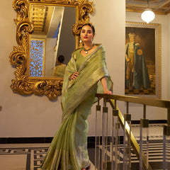 Pista Color Zari Weaving Work With Sequins Border Tissue Shimmer Saree