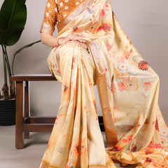 Cream Color Tussar Silk With Viscos Border Floral Printed Saree