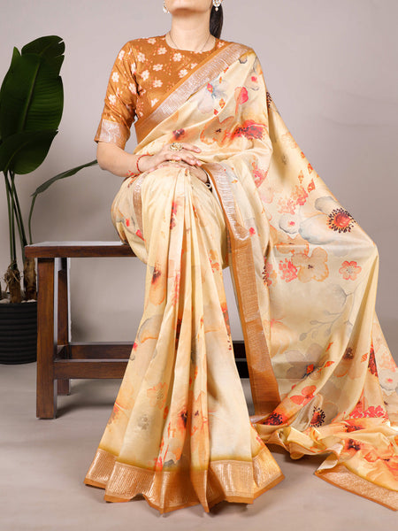 Cream Color Tussar Silk With Viscos Border Floral Printed Saree