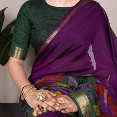Purple Color Tradition Floral Printed With Zari Weaving Work Viscose Chanderi Saree