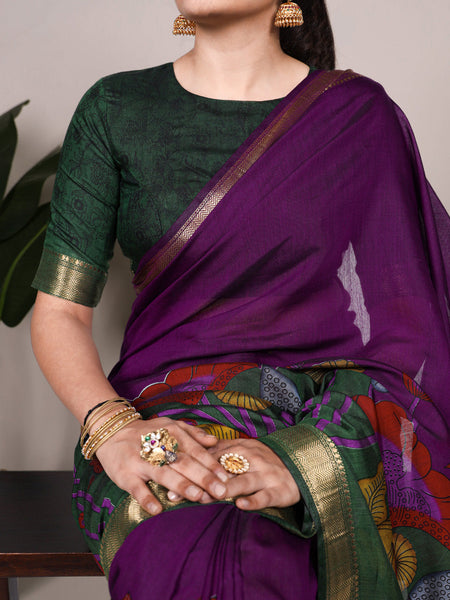 Purple Color Tradition Floral Printed With Zari Weaving Work Viscose Chanderi Saree