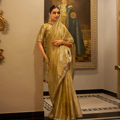 Gold Color Zari Weaving Work With Sequins Border Tissue Shimmer Saree