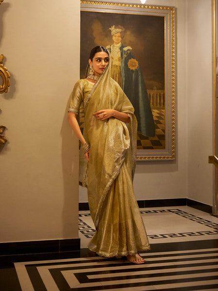Gold Color Zari Weaving Work With Sequins Border Tissue Shimmer Saree