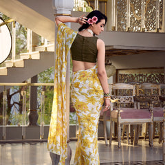 Yellow Color Floral Print With Peral Lace Border Weightless Marbal Saree