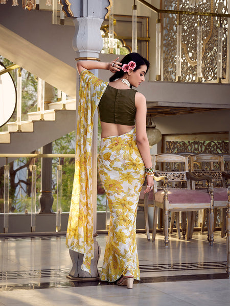 Yellow Color Floral Print With Peral Lace Border Weightless Marbal Saree