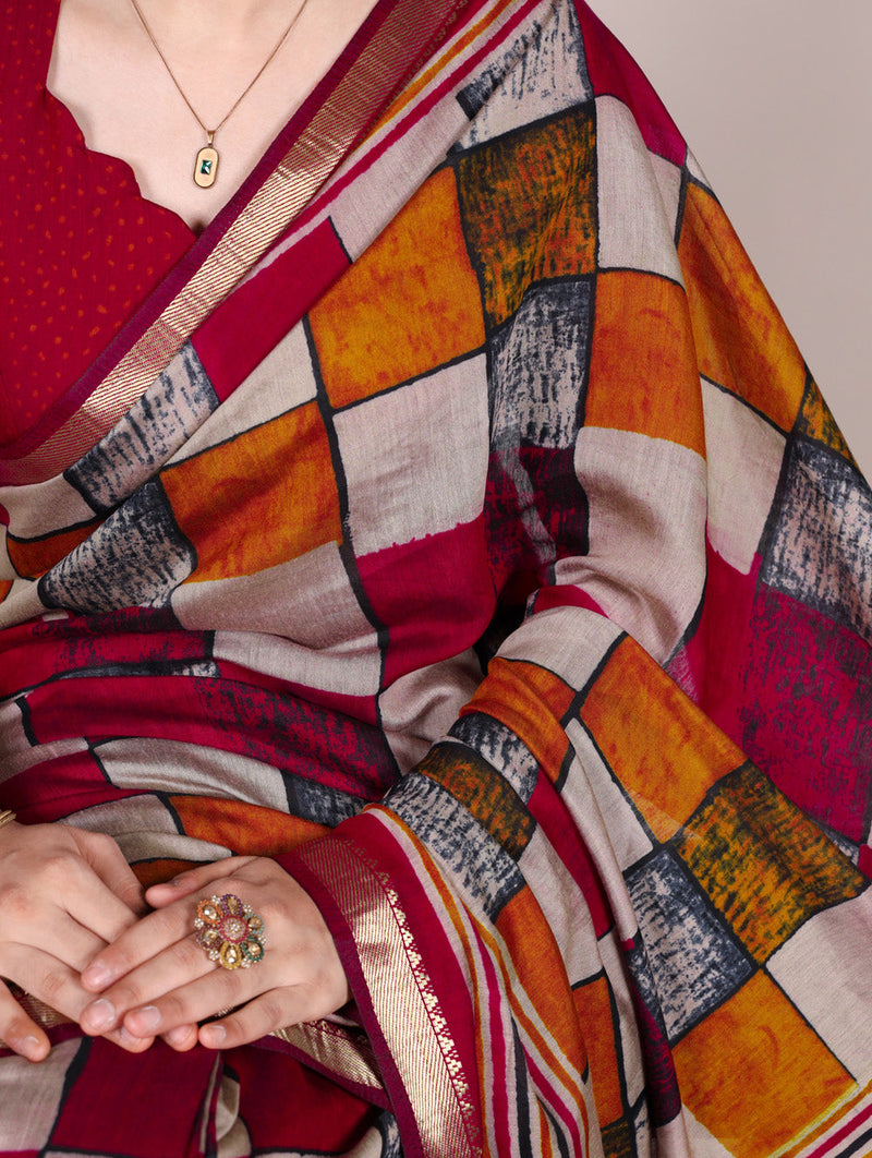Maroon Color Printed With Temple Border Polyester Viscose Chanderi Saree