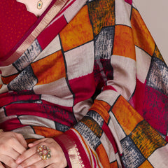 Maroon Color Printed With Temple Border Polyester Viscose Chanderi Saree