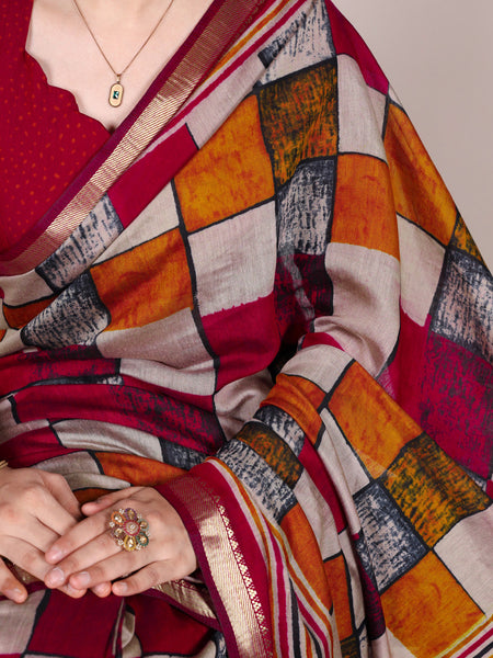 Maroon Color Printed With Temple Border Polyester Viscose Chanderi Saree