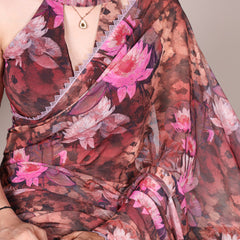 Onion Color Floral Printed With Lace Border Weightless Marbal Saree