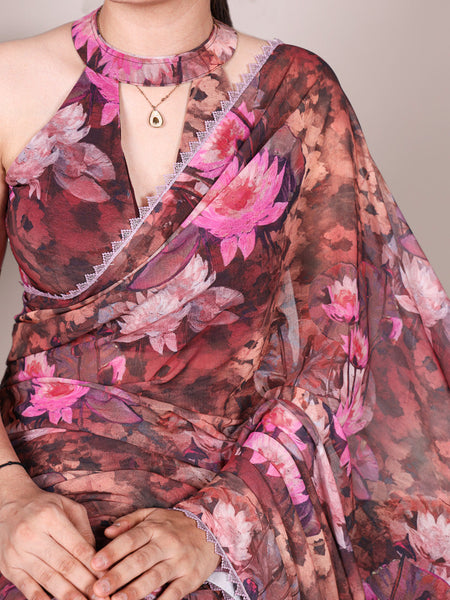 Onion Color Floral Printed With Lace Border Weightless Marbal Saree