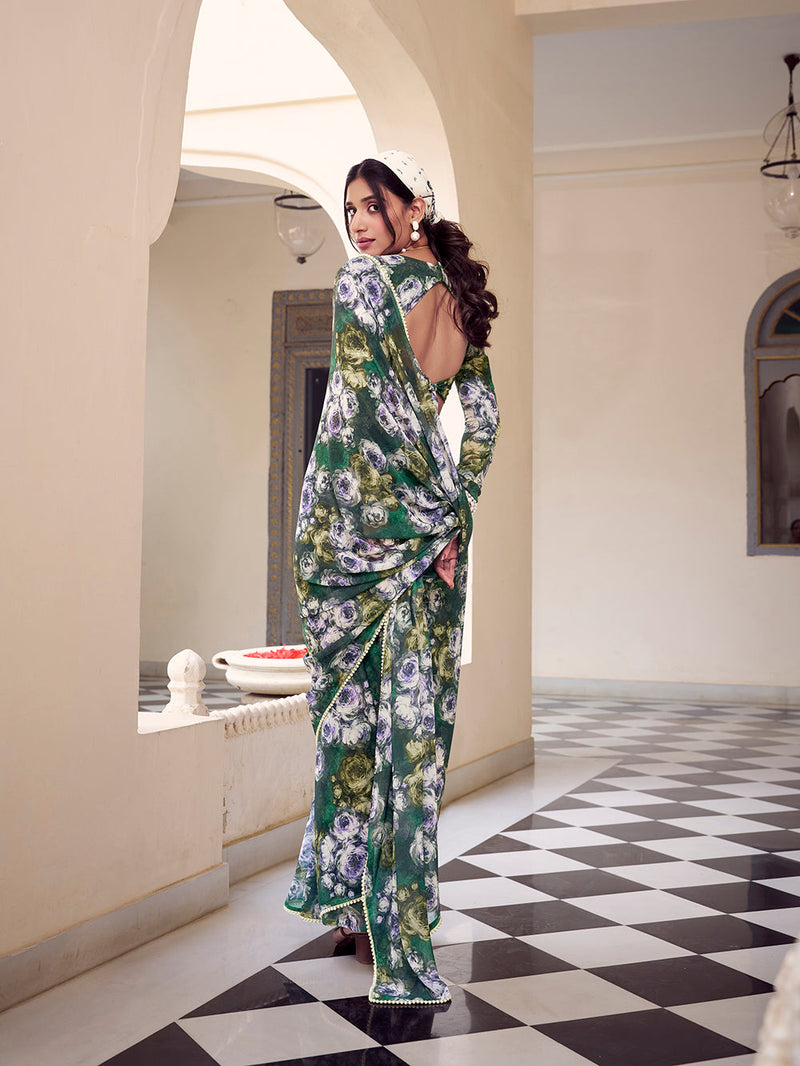 Green Color Floral Printed With Peral Lace Border Weightless Marbal Saree