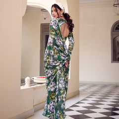 Green Color Floral Printed With Peral Lace Border Weightless Marbal Saree