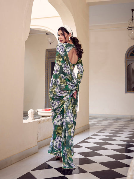 Green Color Floral Printed With Peral Lace Border Weightless Marbal Saree