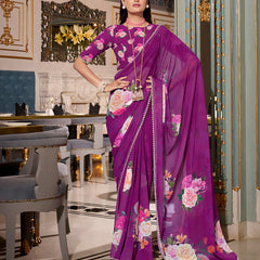 Purple Color Printed With Peral Lace Border Georgette Fancy Saree