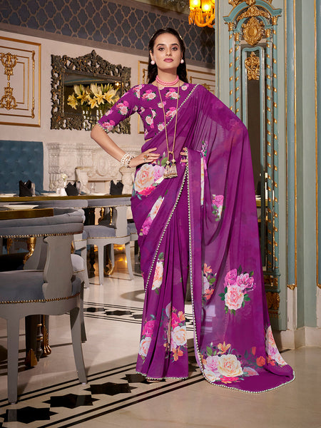 Purple Color Printed With Peral Lace Border Georgette Fancy Saree