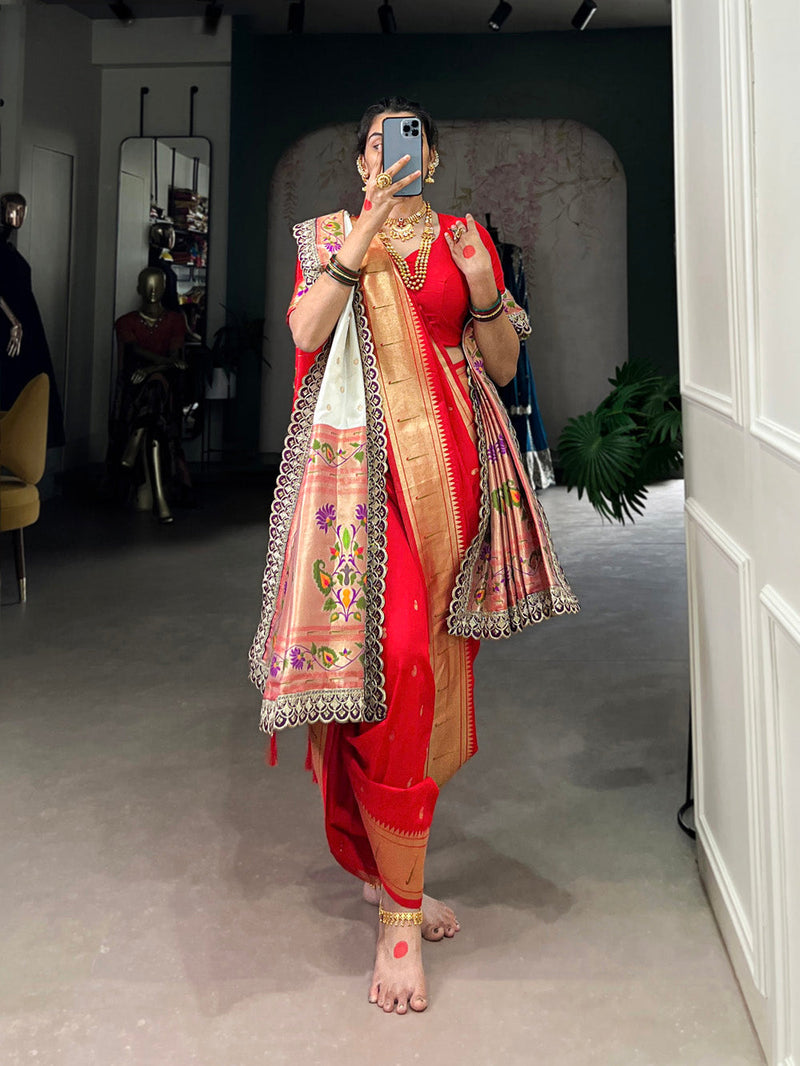 Red Color Zari Weaving Work With Jacquard Silk (Paithani) Maharashtrian Bride Saree