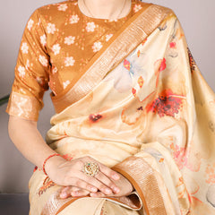 Cream Color Tussar Silk With Viscos Border Floral Printed Saree
