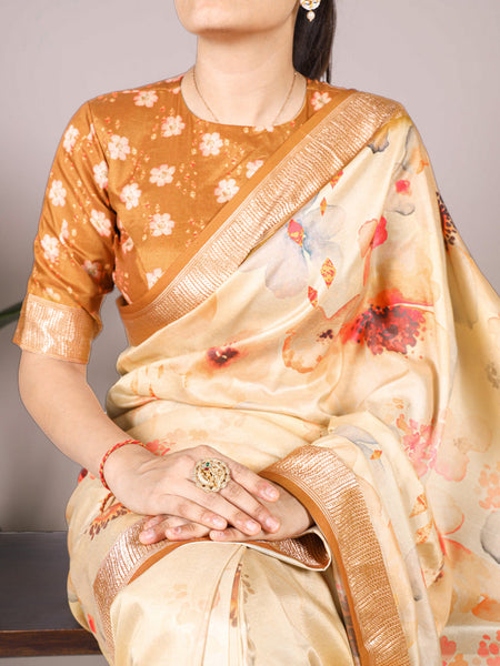 Cream Color Tussar Silk With Viscos Border Floral Printed Saree
