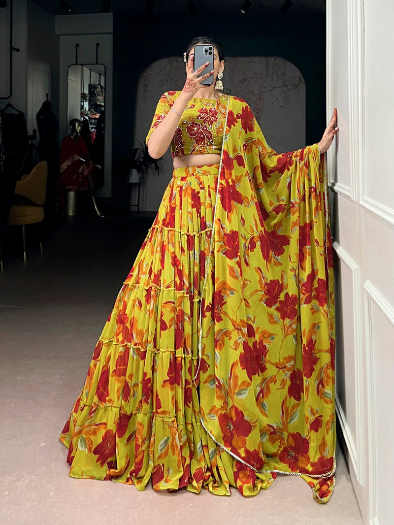 Olive Yellow Color Floral Printed Marbel Chaniya Choli