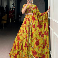 Olive Yellow Color Floral Printed Marbel Chaniya Choli