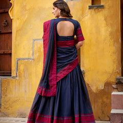 Navy Blue Color Thread Work With Chanderi Lehenga