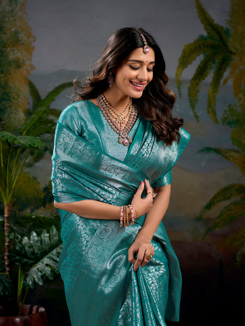 Firozi Color Zari Weaving Work With Kanjivaram Saree