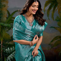 Firozi Color Zari Weaving Work With Kanjivaram Saree