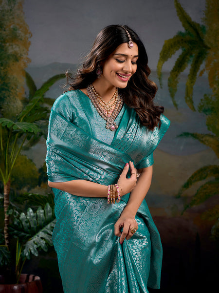 Firozi Color Zari Weaving Work With Kanjivaram Saree
