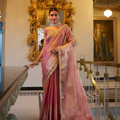 Light Pink Color Zari Weaving Work With Sequins Border Tissue Shimmer Saree