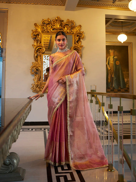 Light Pink Color Zari Weaving Work With Sequins Border Tissue Shimmer Saree