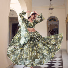 Mehandi Color Floral Printed With Peral Lace Border Weightless Marbal Saree